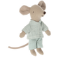 A little brother mouse, dressed in the Maileg Extra Clothing: Pajamas for Little Brother Mouse, with large, round ears and a long, thin tail, seems ready for a pyjama party.