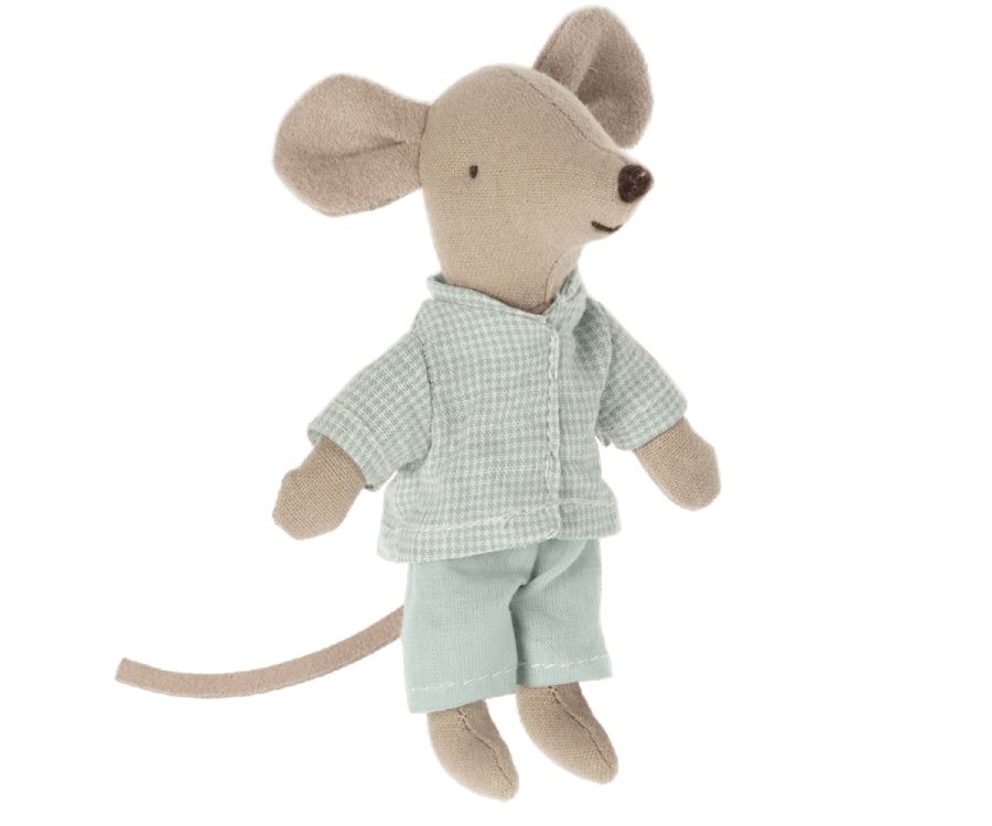 A little brother mouse, dressed in the Maileg Extra Clothing: Pajamas for Little Brother Mouse, with large, round ears and a long, thin tail, seems ready for a pyjama party.