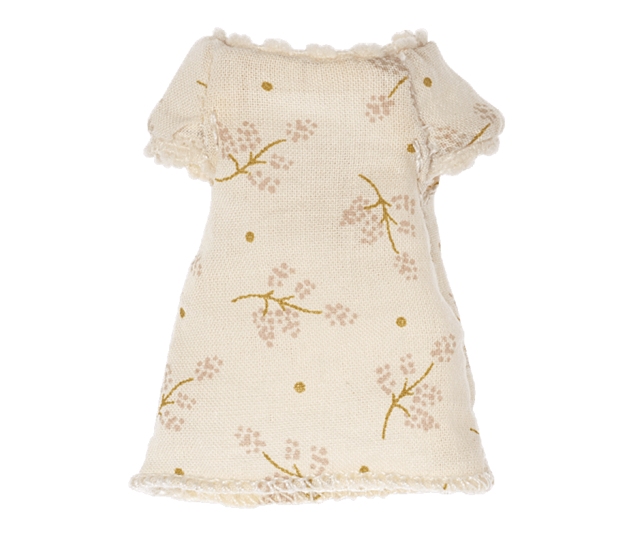 A cream-colored, off-the-shoulder mini dress with a floral pattern and delicately scalloped hem, designed for a pyjamas party, displayed on a plain black background.ござMaileg Extra Clothing: Nightgown For Little Sister Mouse