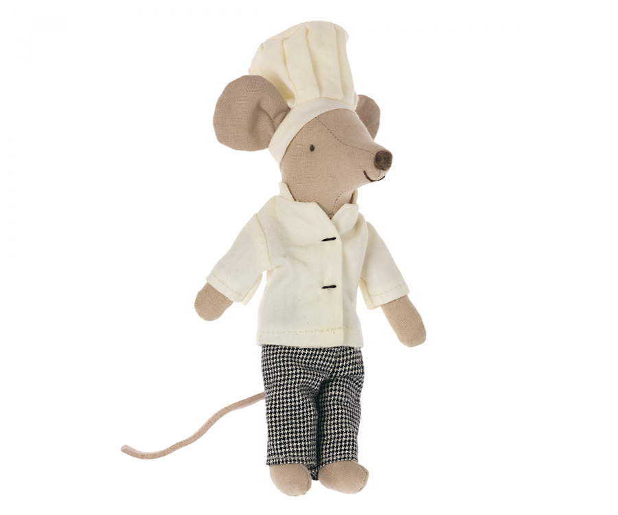 A Maileg Extra Clothing: Chef Clothes For Big Sister Mouse dressed as a chef, wearing a white chef's hat and jacket with houndstooth patterned pants, posing against a plain background.