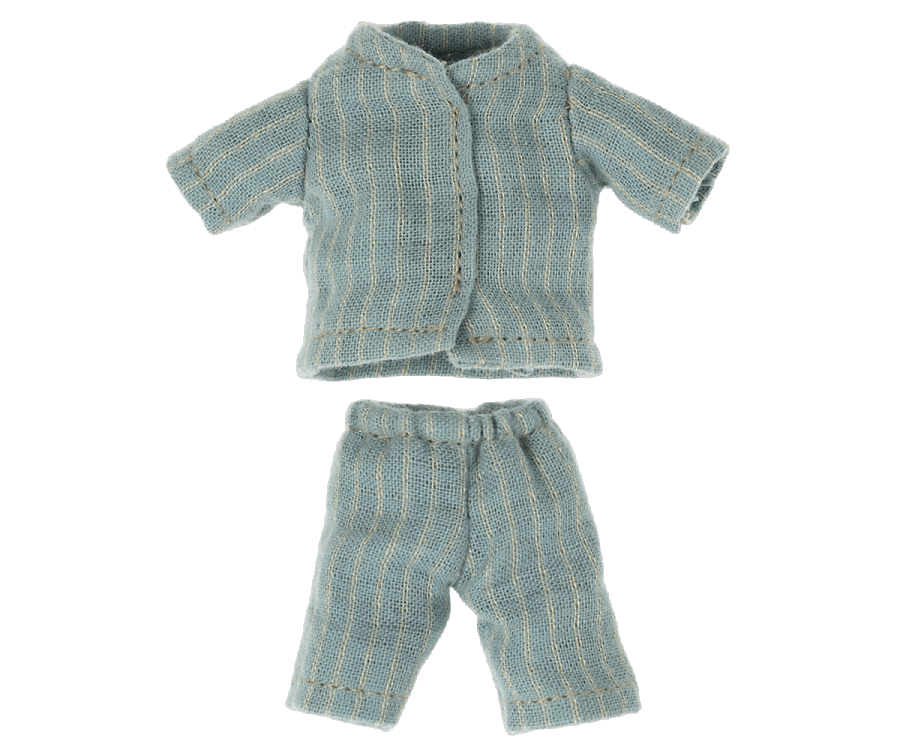 A set of Maileg Extra Clothing Pyjamas For Big Sister and Big Brother Mouse in light blue, featuring a long-sleeved shirt with buttons and matching pants. The fabric has a subtle striped pattern, adding texture to the miniature outfit—perfect for a cosy pyjama party dress-up session with big sister mouse.