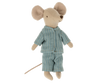 A plush toy mouse wearing a set from the Maileg Extra Clothing: Pyjamas For Big Sister and Big Brother Mouse collection. The big brother mouse is standing upright with a long tail, large round ears, and a pointed snout, ready for a cozy pyjama party in his light blue, striped pajama set.