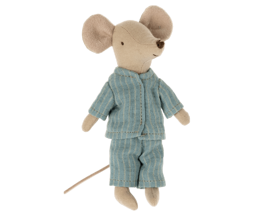 A plush toy mouse wearing a set from the Maileg Extra Clothing: Pyjamas For Big Sister and Big Brother Mouse collection. The big brother mouse is standing upright with a long tail, large round ears, and a pointed snout, ready for a cozy pyjama party in his light blue, striped pajama set.