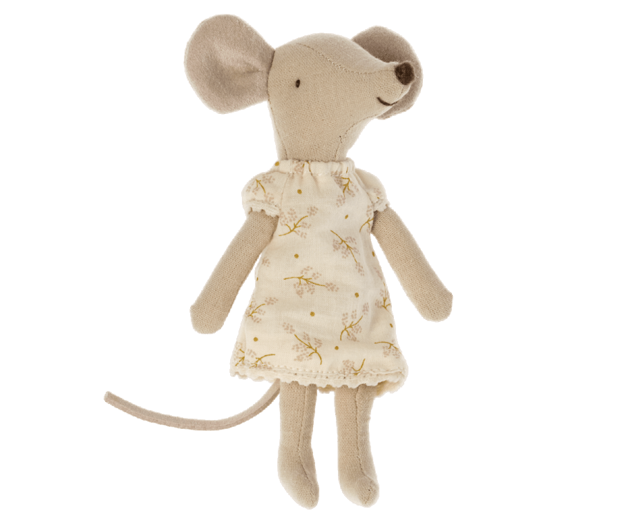 A soft toy mouse stands upright, dressed in a nightgown adorned with a delicate floral print. The Maileg Extra Clothing: Nightgown For Big Sister Mouse has large round ears, a long tail, and stitched facial features. The background is plain white.