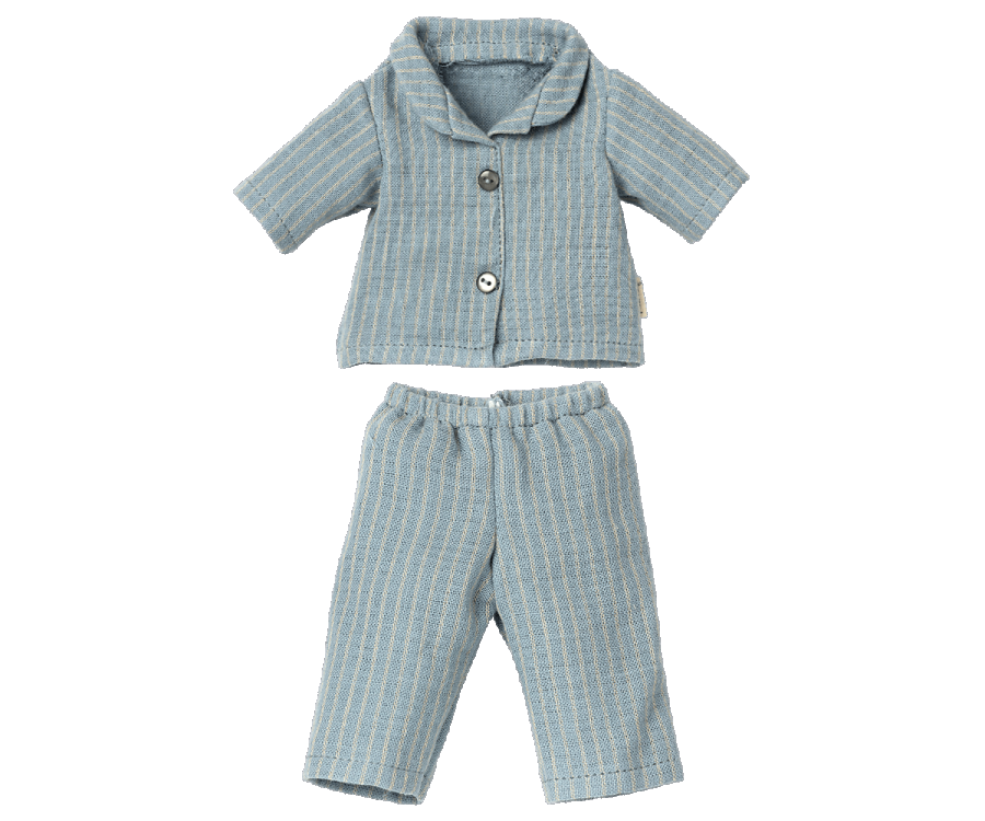 Maileg Extra Clothing offers a set of children's striped pajamas in light blue, consisting of a long-sleeved button-up top with a collar and matching pants with an elastic waistband. This cozy outfit, perfect for any Teddy Dad fan, can be purchased separately to ensure the right fit for every child.