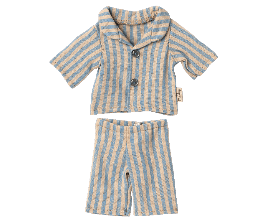 The Maileg Extra Clothing: Pyjamas for Teddy Junior include a stylish short-sleeved collared shirt with buttons and matching pants, featuring vertical blue and beige stripes. Each piece can be purchased separately.