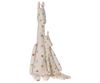 Two Maileg Large Giraffe toys sit side by side, with the larger safari friend behind. Both are white with colorful polka dots in yellow, red, and blue. They have simple stitched facial details and elongated necks that highlight their long giraffe bodies.