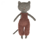 A handmade knitted Maileg Cat Stuffed Animal from the Best Friends collection, with a gray head, green eyes, and wearing a rust-colored jumpsuit, isolated on a white background.