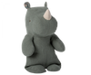 A green linen Small Maileg Rhino plush toy with small ears and a prominent horn, viewed against a transparent background.