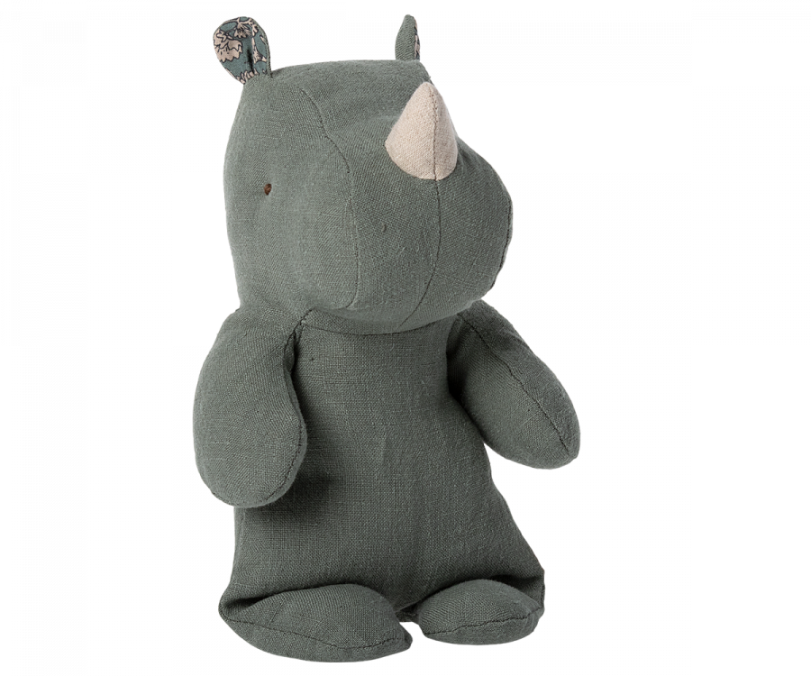 A green linen Small Maileg Rhino plush toy with small ears and a prominent horn, viewed against a transparent background.