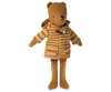 Experience the charm of the Maileg Extra Clothing: Coat for Teddy Mum, a plush teddy bear adorned in a mustard and white striped hoodie with ocher highlights, tiny pockets, and a sturdy wooden closure. Crafted from soft fabric, this bear's face is designed with simple, minimalistic embroidered features.