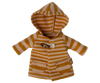 A compact hooded jacket for dolls, featuring orange and white stripes with ocher accents, two front pockets, and a toggle button closure, akin to the Maileg Extra Clothing: Coat for Teddy Mum.