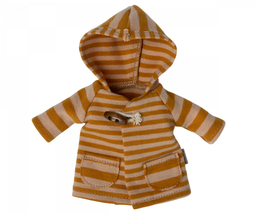 A compact hooded jacket for dolls, featuring orange and white stripes with ocher accents, two front pockets, and a toggle button closure, akin to the Maileg Extra Clothing: Coat for Teddy Mum.