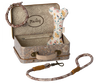 A small, metal suitcase with a floral pattern houses a plush dog toy shaped like a bone and adorned with vibrant flowers. Next to it are a matching floral-patterned collar and leash, perfect for pets. The suitcase cover features the brand name "Maileg Puppy Accessories - Rose" printed inside.