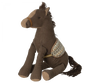 A Maileg Pony (ships in approximately one week) made of corduroy fabric, featuring a darker brown mane and tail, and a patterned fabric saddle. The horse is in a seated position, ready for the adventure of a lifetime.