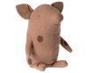 A plush toy resembling a Large Truffle Pig from Maileg, named Vintage Rose, sits upright. It is crafted from a soft handfeel cotton blend fabric featuring darker brown patches on its belly and limbs. The toy has small, floppy ears, a round snout, and tiny black eyes, giving it an irresistibly soft and cuddly appearance.