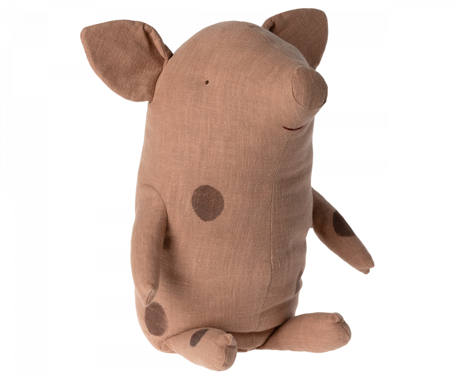 A plush toy resembling a Large Truffle Pig from Maileg, named Vintage Rose, sits upright. It is crafted from a soft handfeel cotton blend fabric featuring darker brown patches on its belly and limbs. The toy has small, floppy ears, a round snout, and tiny black eyes, giving it an irresistibly soft and cuddly appearance.