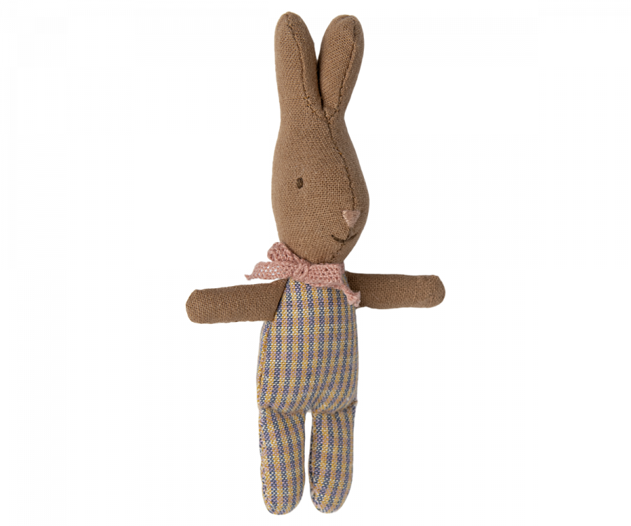 A Maileg My Rabbit - Rose/Blue with long ears, wearing a striped outfit and a pink scarf around its neck. The smallest bunny is brown and has a simple, stitched face with a small smile. Perfect for your nursery table, this toy stands upright with its arms outstretched and is one of the must-have accessories for any child's room.