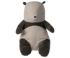 The Maileg Panda Stuffed Animal, Medium is a plush toy with a beige body and dark gray arms, legs, and ears. It features a simple embroidered smiling face with black eyes and a brown nose. Made from soft cotton, this toy is perfect for hugs and cuddles.