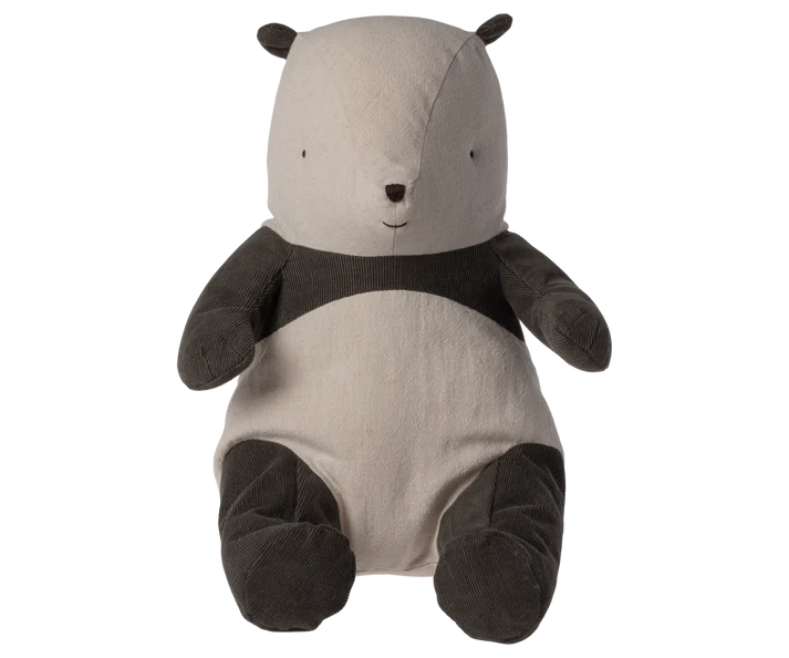 The Maileg Panda Stuffed Animal, Medium is a plush toy with a beige body and dark gray arms, legs, and ears. It features a simple embroidered smiling face with black eyes and a brown nose. Made from soft cotton, this toy is perfect for hugs and cuddles.