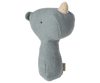 The Maileg Lullaby Friend Rattles, Rhino in Dusty Blue is a soft, plush toy shaped like a rhinoceros. Crafted from soft fabrics, it features a blue-grey body and a small white horn adorned with yellow dots. The minimalistic design includes simple stitched eyes and no other facial features. Perfect for adding to a gift box, it also comes with a small tag attached to its side.