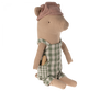 A Maileg Pig - Boy wearing a checkered green and white outfit and a red-striped cap sits upright. The pig has a small patch detail on its clothes and a friendly, minimalist facial expression. Perfect for those looking to create your own pig family, this adorable companion is isolated on a white background.