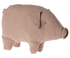 A plush Maileg Polly Pork, Small in the shape of a pig, covered in a textured pink and white checkered fabric. Made from recycled polyester, the toy features stitched details for the ears, nose, and eyes, giving it a soft, whimsical appearance.