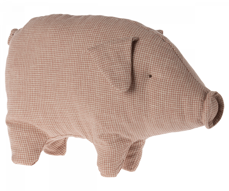 A plush Maileg Polly Pork, Small in the shape of a pig, covered in a textured pink and white checkered fabric. Made from recycled polyester, the toy features stitched details for the ears, nose, and eyes, giving it a soft, whimsical appearance.