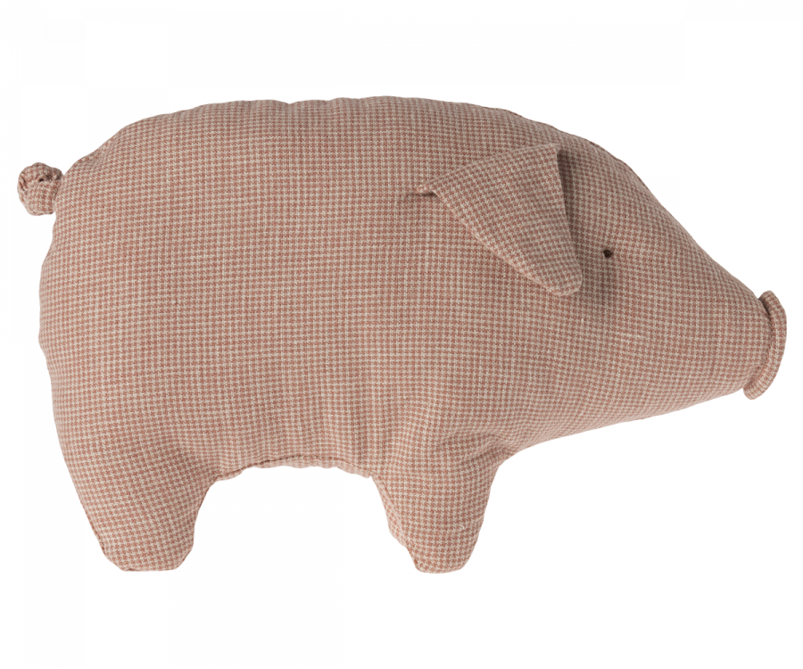 A pink, stuffed Maileg Polly Pork, Small is shown, made from checkered fabric and soft recycled polyester. The pig features minimalistic details such as small black eyes, folded ears, and a curly tail.