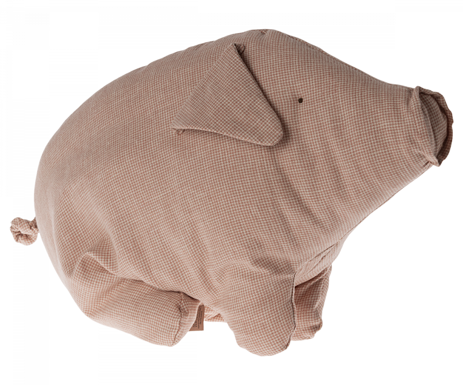 A large, plush toy shaped like a pig, reminiscent of a Maileg classic. The Maileg Polly Pork, Medium is covered in soft fabric with a checkered brown pattern and features small black eyes, a snout, and a curly tail. Filled with recycled polyester, its overall appearance is soft and cuddly with a slightly flattened, rounded body.