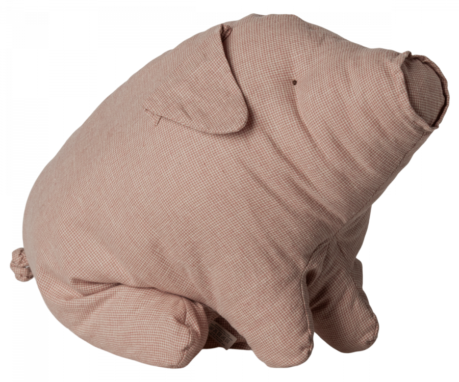 A Maileg classic, the Maileg Polly Pork, Large sits in an upright position. Made of soft, light pink and white checkered fabric, it boasts a simple design depicting its ears, nose, tail, and legs—perfect for offering a warm hug.