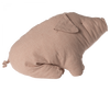 A Maileg classic, this soft fabric pig, the Maileg Polly Pork, Large, is made from light brown, textured material. Depicted in a sitting position with a curled tail and floppy ears, it offers the cozy appearance of a warm hug despite having no visible facial features.