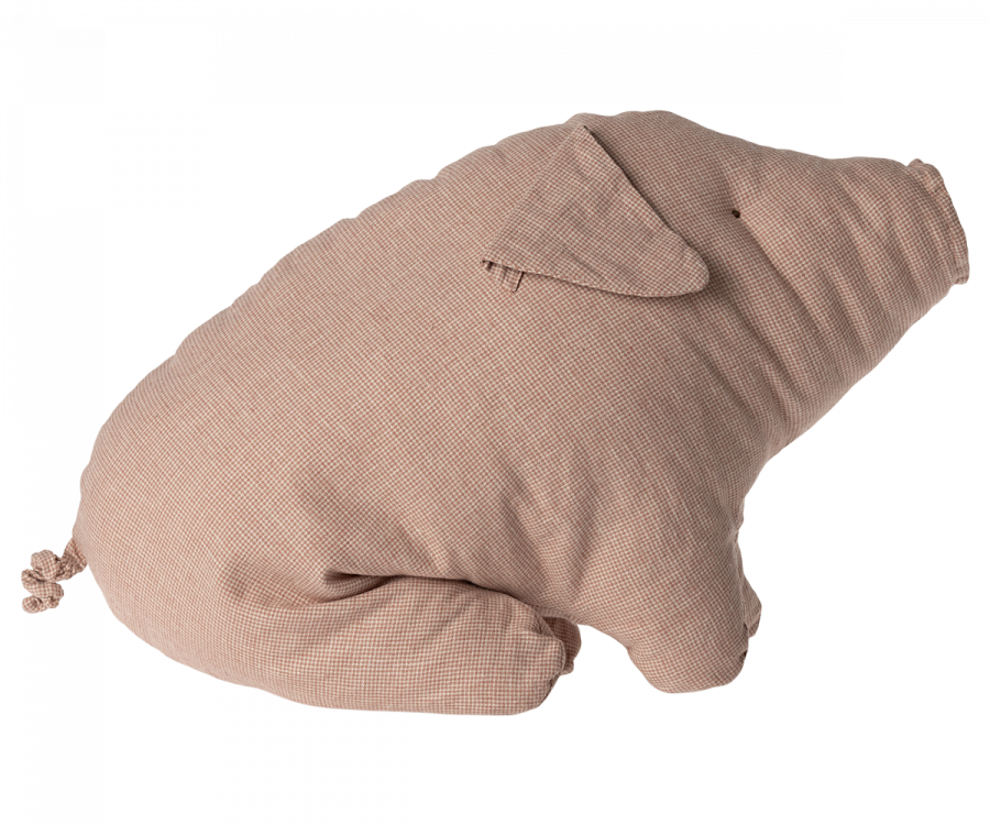 A Maileg classic, this soft fabric pig, the Maileg Polly Pork, Large, is made from light brown, textured material. Depicted in a sitting position with a curled tail and floppy ears, it offers the cozy appearance of a warm hug despite having no visible facial features.