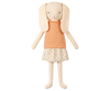 Meet the Maileg Best Friend - Bunny: a soft toy rabbit with long floppy ears, dressed in a sleeveless orange and white striped top and a white skirt adorned with orange polka dots. With its simple, stitched face featuring small eyes and a nose, it makes the perfect companion for all ages.