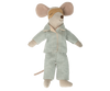 A stuffed toy mouse is dressed in the Maileg Extra Clothing: Pajamas for Dad Mouse, featuring a light blue and white checkered pattern with a matching eye mask on its head. The mouse has large ears, a small nose, and a thin tail. This soft, plush toy boasts an endearing facial expression and a cozy appearance.