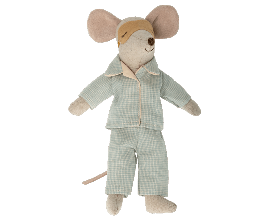 A stuffed toy mouse is dressed in the Maileg Extra Clothing: Pajamas for Dad Mouse, featuring a light blue and white checkered pattern with a matching eye mask on its head. The mouse has large ears, a small nose, and a thin tail. This soft, plush toy boasts an endearing facial expression and a cozy appearance.