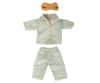 A small set of green-and-white checkered Maileg Extra Clothing: Pajamas for Dad Mouse with a collared top and matching pants, made from the softest cotton. An additional light brown eye mask with eye shapes drawn on it is also visible above the pajamas.