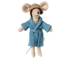 A plush toy mouse wearing a Maileg Extra Clothing: Bathrobe - Dusty Blue and a checkered hat. The mouse has light beige ears and a stitched nose. The blue robe, made from a cotton-polyester blend, is secured with a tie around its waist.