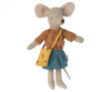 A Maileg Extra Clothing: Clothes For Mum Mouse is dressed in charming mouse clothes: a red and yellow striped shirt paired with a blue checkered skirt and a yellow shoulder bag. The mouse has large ears and a long tail, standing upright against a white background.