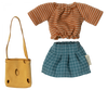 A small outfit set for a doll includes a striped orange and white long-sleeve top, a blue checkered skirt with an elastic waist, and a yellow shoulder bag with a cheese-like hole pattern. This Maileg Extra Clothing: Clothes For Mum Mouse is perfect for mouse clothes enthusiasts.