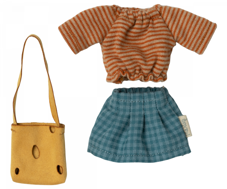 A small outfit set for a doll includes a striped orange and white long-sleeve top, a blue checkered skirt with an elastic waist, and a yellow shoulder bag with a cheese-like hole pattern. This Maileg Extra Clothing: Clothes For Mum Mouse is perfect for mouse clothes enthusiasts.