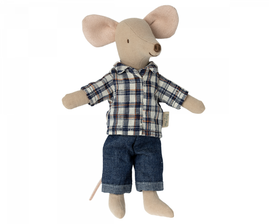 A plush toy mouse is dressed in a charming blue and white plaid shirt paired with blue denim pants. This adorable mouse, featuring light beige fur, large ears, and a long tail, is part of the "Maileg Extra Clothing: Clothes For Dad Mouse" set.