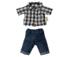 The Maileg Extra Clothing: Clothes For Dad Mouse set includes a small plaid shirt with short sleeves, showcasing a white, red, and blue checked pattern. This collared shirt features buttons down the front and is paired with dark blue denim pants that come with an elastic waistband.