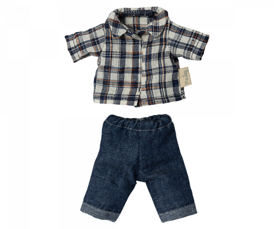 The Maileg Extra Clothing: Clothes For Dad Mouse set includes a small plaid shirt with short sleeves, showcasing a white, red, and blue checked pattern. This collared shirt features buttons down the front and is paired with dark blue denim pants that come with an elastic waistband.