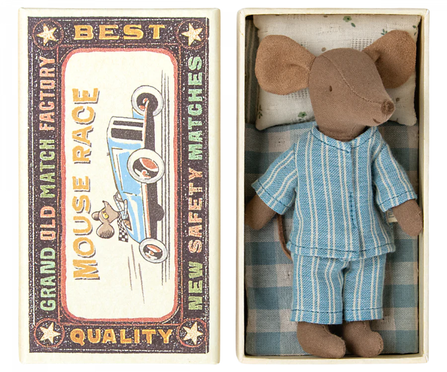 A vintage matchbox bed labeled "Best Mouse Race Matches" next to a Maileg Big Brother Mouse in Box dressed in a blue and white checkered outfit, sitting on a small pillow.