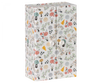 A colorful fabric-covered binder with a whimsical pattern of trees, mushrooms, birds, and Maileg Wedding Mice Couple in Box in various colors, secured with a silver button closure.