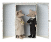 Two Maileg Wedding Mice Couple in Box figurines dressed as a bride and groom inside a box with floral wallpaper. The bride holds a tiny bouquet, and the groom wears a suit with a boutonniere.