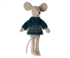 A charming Maileg Dad Mouse with beige fabric, large ears, and a small tail, dressed in an extra Christmas knitted sweater featuring Scandinavian patterns. The simplistic design and handmade appearance make it an adorable addition to any collection.