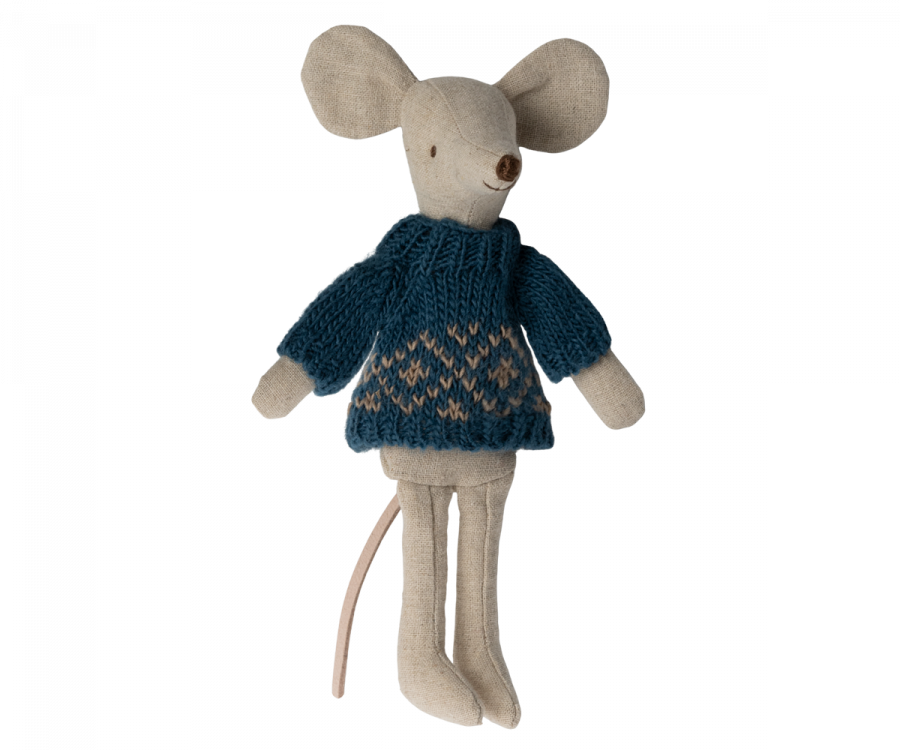 A charming Maileg Dad Mouse with beige fabric, large ears, and a small tail, dressed in an extra Christmas knitted sweater featuring Scandinavian patterns. The simplistic design and handmade appearance make it an adorable addition to any collection.