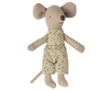 A Maileg Little Brother mouse plush toy wearing a yellow outfit with green, red, and blue polka dots, isolated on a black background. The mouse has large ears, a long thin tail, and a stitched nose.